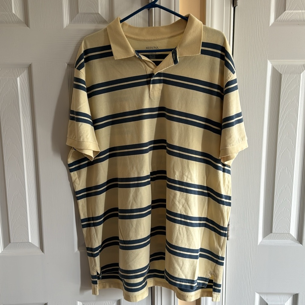 Men’s Merona Classic Fit Polo, Yellow/ Blue Striped, 2XL